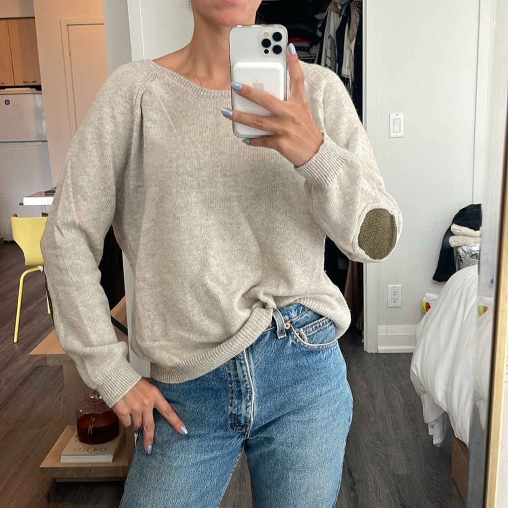 Beige Cashmere Sweater with Elbow Patch Detail